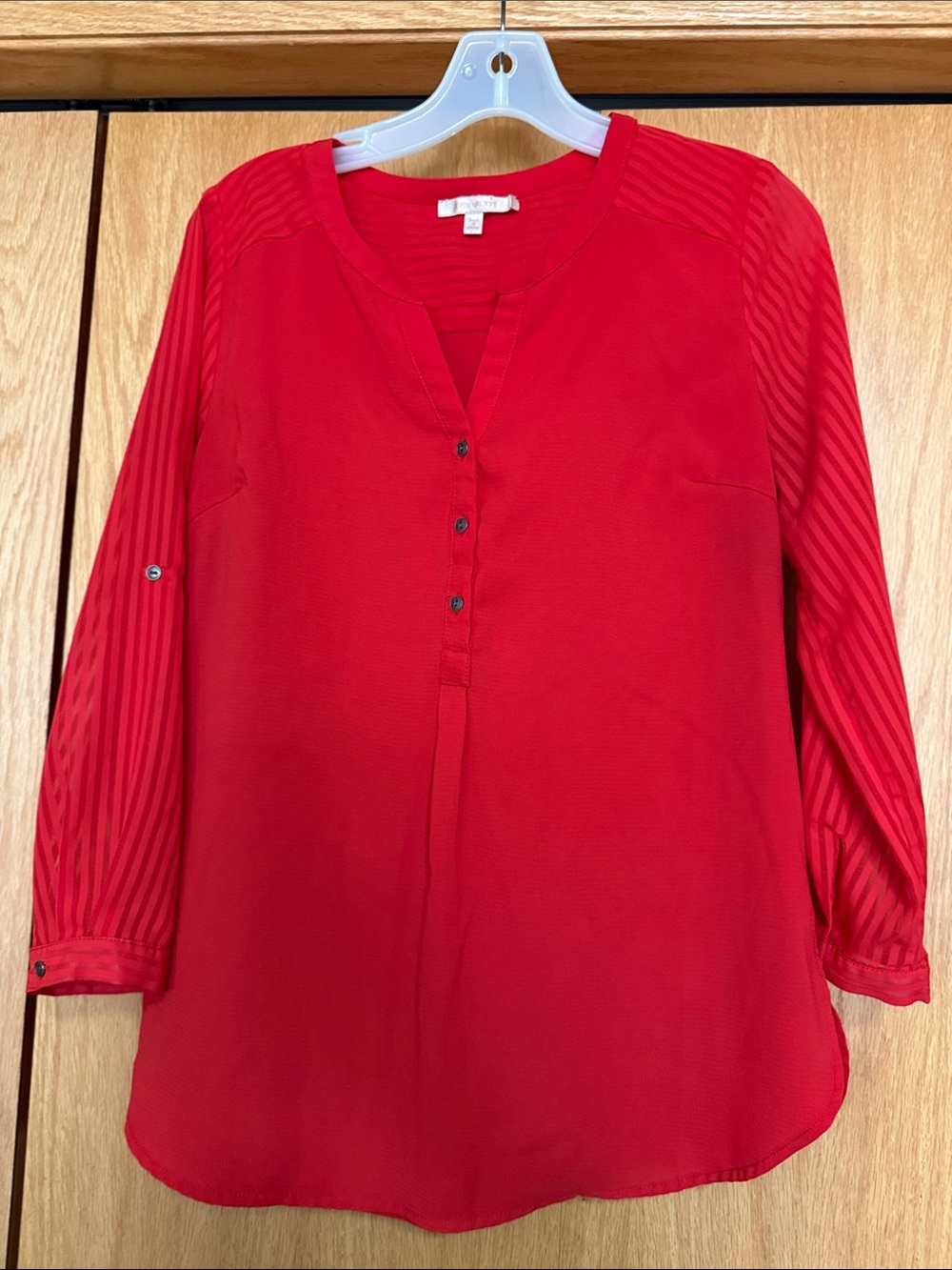 Skies Are Blue Vibrant Red Split-Neck Tunic with Sheer Stripe Sleeves
